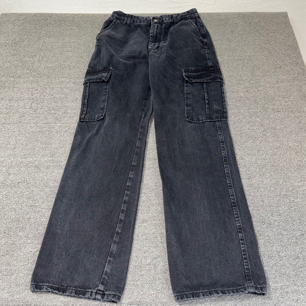 Stradivarius STR Black Cargo Jeans Wide Leg Faded Denim High Rise Women's Size 8